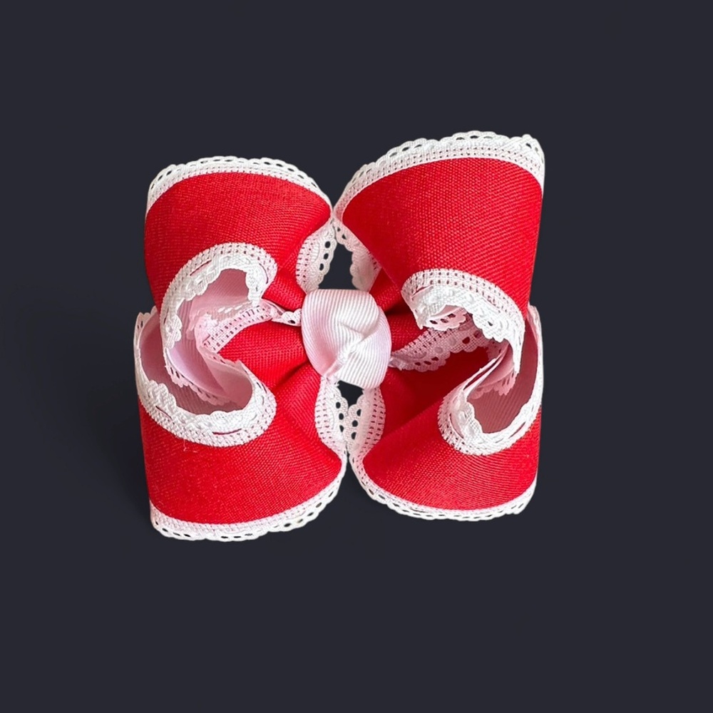 Red with white trim lace smocked bow